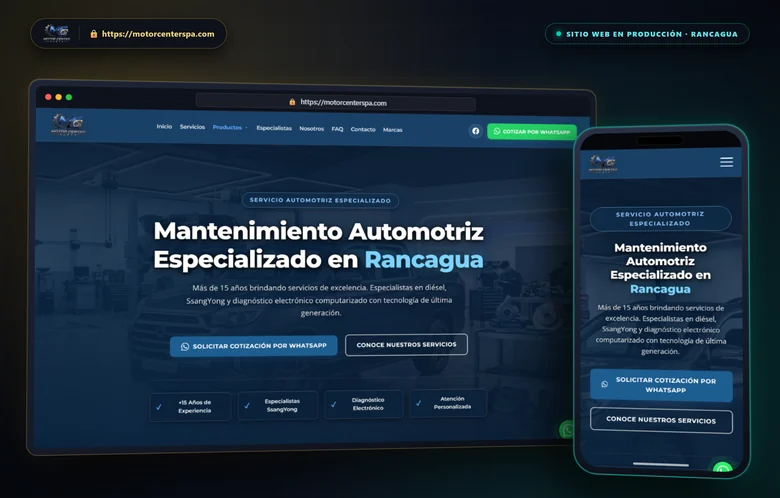 Mockup 3D de Motor Center Rancagua (Escritorio y Móvil) — Desarrollado por BC Digital