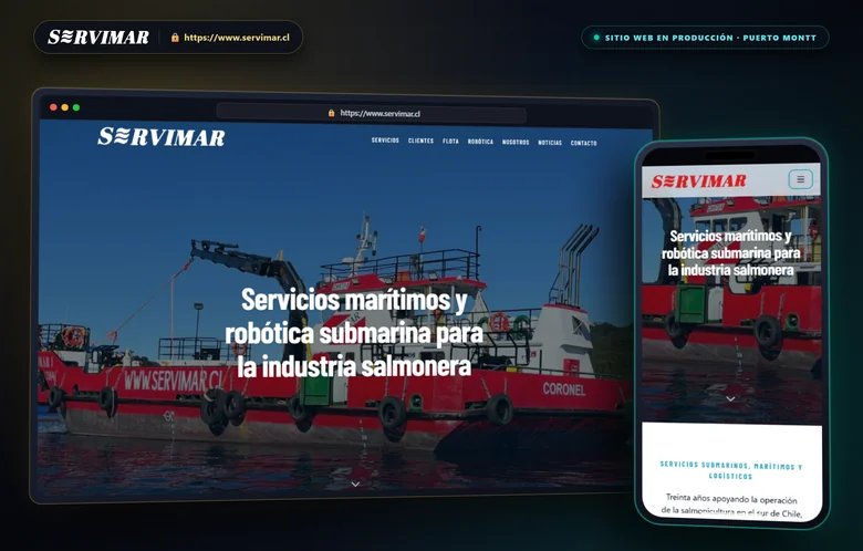 Mockup 3D de Servimar (Escritorio y Móvil) — Desarrollado por BC Digital
